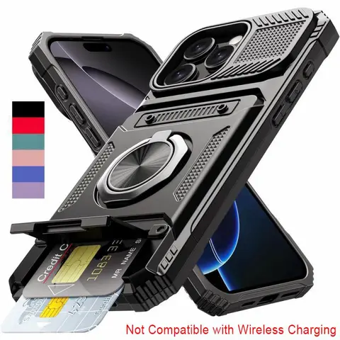 [Not for Wireless Charging] Cardholder Wallet Phone Case with 2 Card Slots, 360° Rotating Stand, Polycarbonate Shockproof Drop-Proof Cover, Mobile Accessories for iPhone 17 Pro Max,16 Plus,15 Pro Max,14,13,12,11 & Samsung Galaxy S25 Ultra,S24 Plus,S23 FE