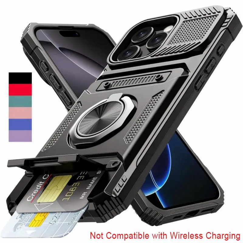 [Not for Wireless Charging] Cardholder Wallet Phone Case with 2 Card Slots, 360° Rotating Stand, Polycarbonate Shockproof Drop-Proof Cover, Mobile Accessories for iPhone 17 Pro Max,16 Plus,15 Pro Max,14,13,12,11 & Samsung Galaxy S25 Ultra,S24 Plus,S23 FE
