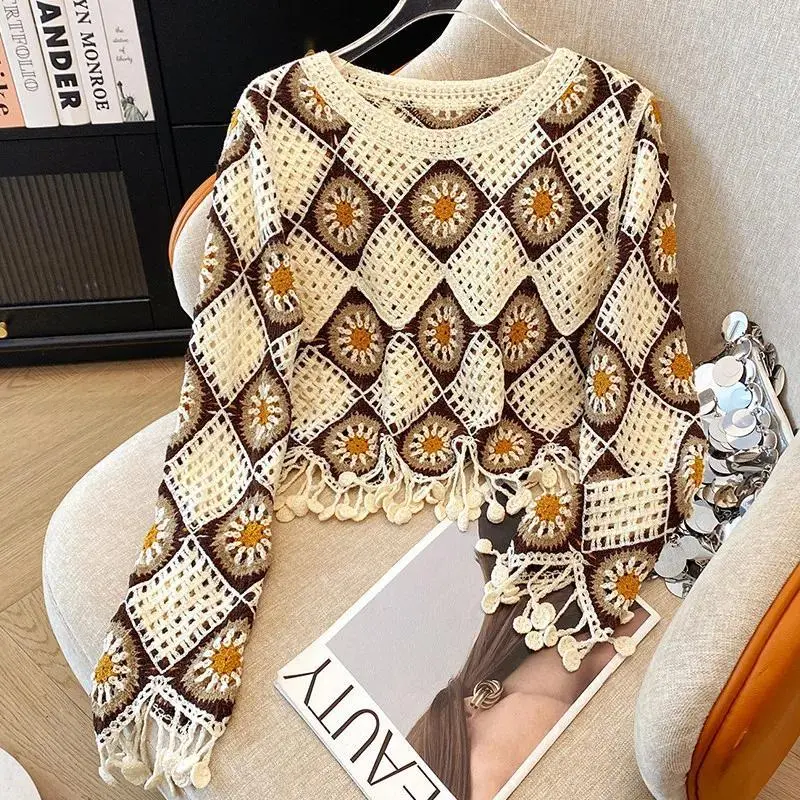 Women Granny Square Crochet Top Fringed Long Sleeve Openwork Knit Pullover Sweater Boho Beach Cover Up Boho Spring Summer 2026