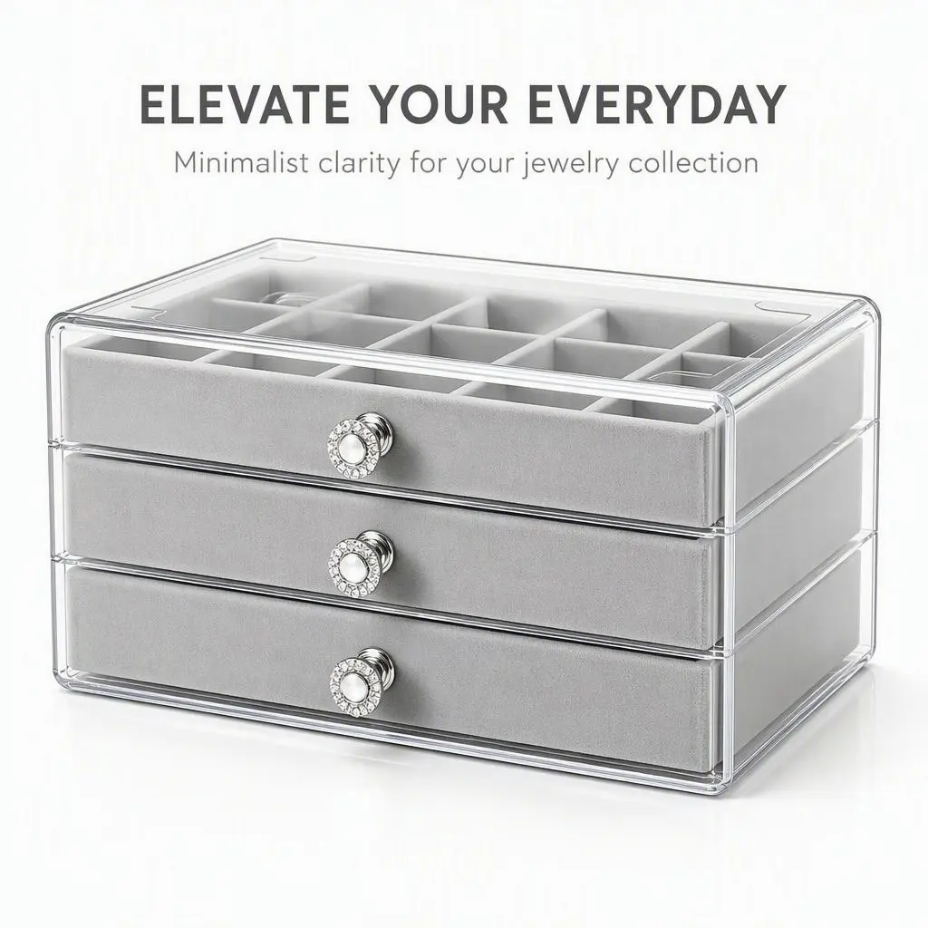 Luxury 3-Tier Jewelry Organizer,36 Compartments,Transparent Dust-Proof Box,Velvet Lining,Ideal for Earrings,Necklaces,Rings, Bracelets Perfect for Dresser & Vanity Table,Christmas,New Year,Birthday & Valentine's Day Gift,Ritual Present for Girlfriend