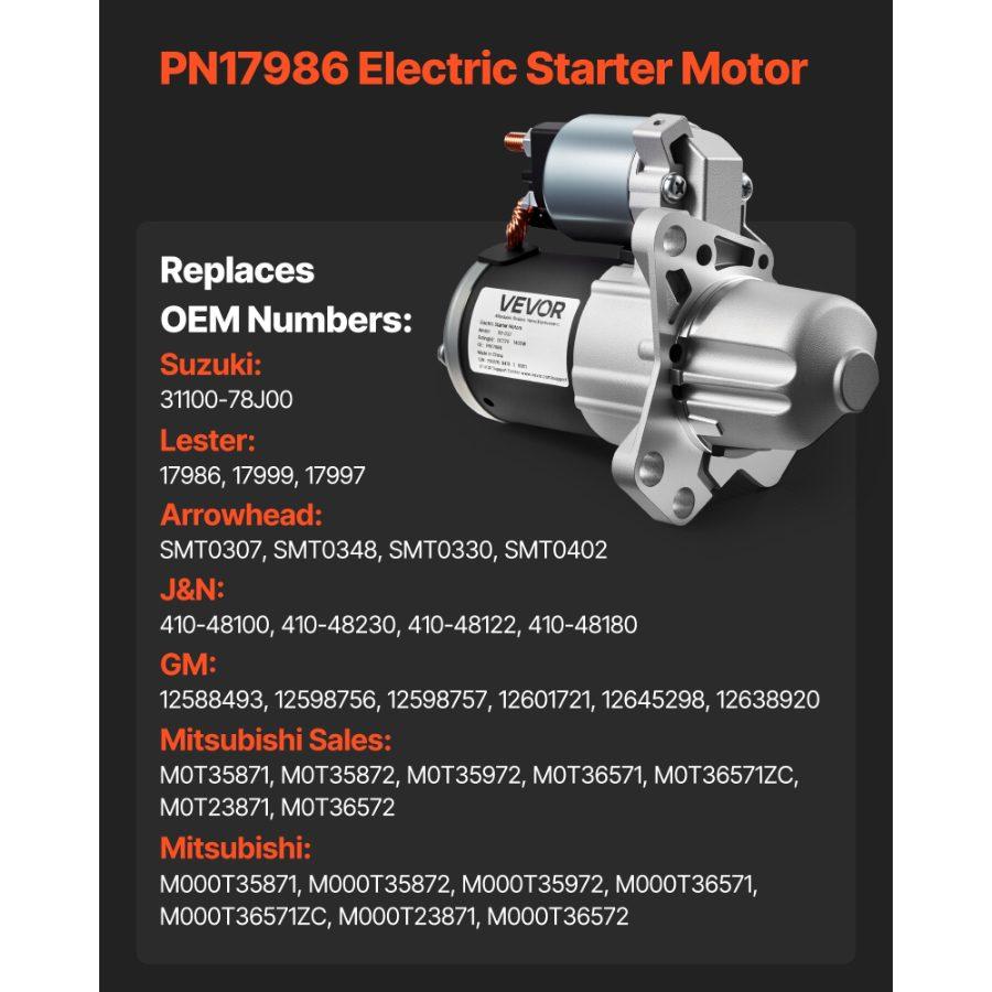 fathersdaygift VEVOR Starter 17986, Starter Motor Replacement Compatible with Buick 3.6L V6 06-08, Cadillac SRX 3.0L V6 10-11, Chevrolet 3.6L V6 09-17, GMC Pontiac Saturn Suzuki, OEM 12588493 M000T35871 31100-78J00