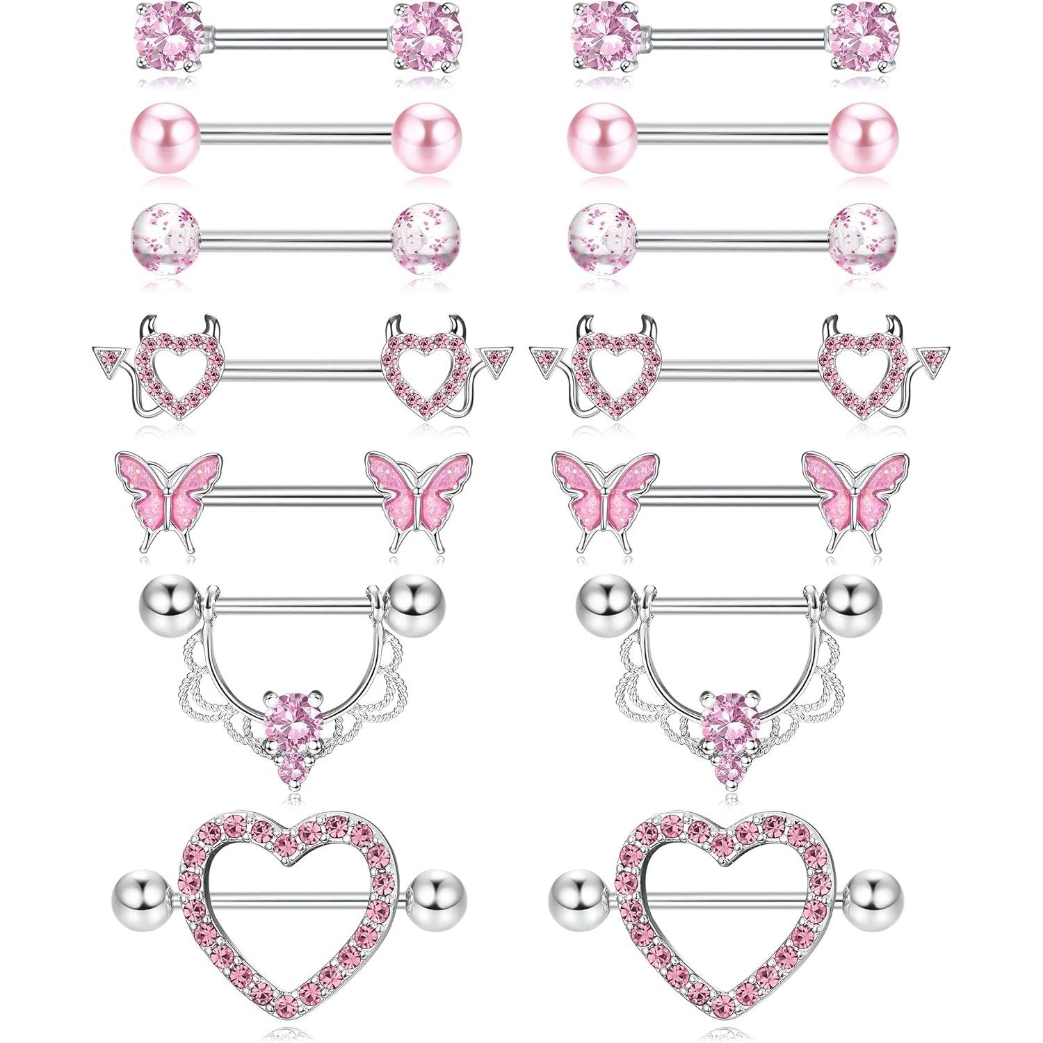 7 Pairs 14G Nipple Rings 316L Surgical Steel Nipple Piercing CZ Heart Butterfly Barbell Tongue Rings Set Cute Nipple Tongue Piercing Jewelry for Women Body Jewellery