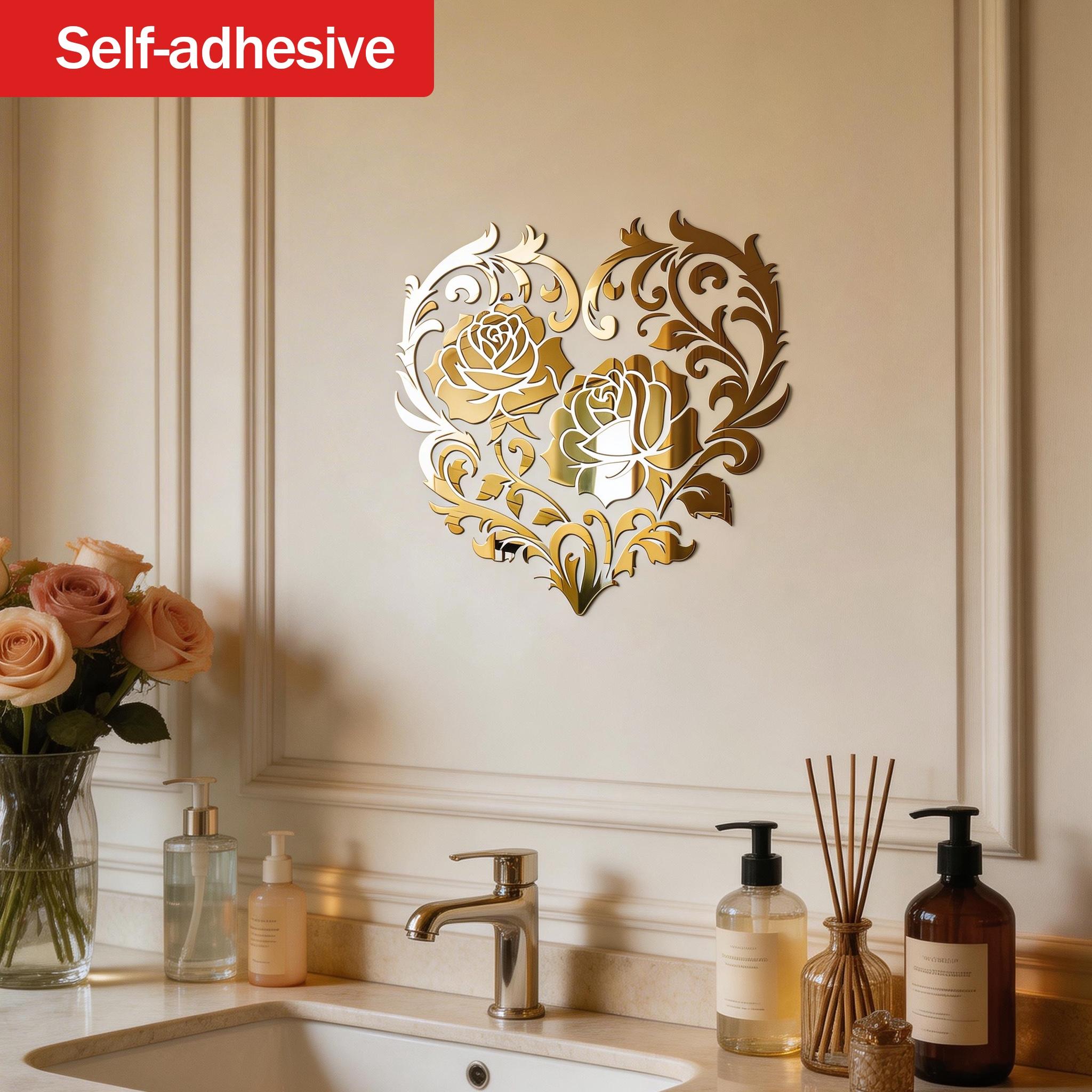 Mirror Rose Heart Art Self-Adhesive Wall Hanging Makeup Mirror, Romantic Decorative Wall Mirror for Living Room Bedroom, Luxury Atmosphere