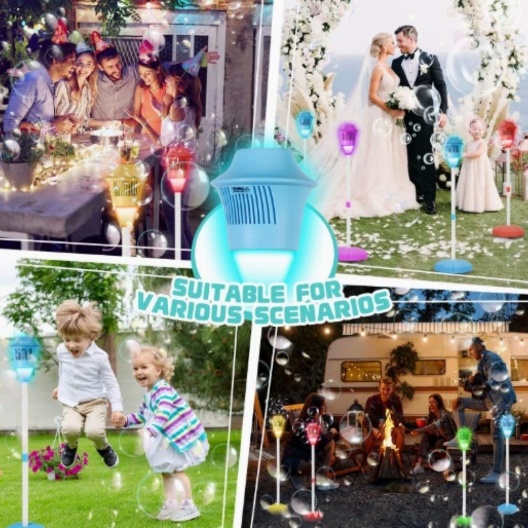 Streetlight Bubble Machine, “Torch” Bubble Machine with Music and Lights—an outdoor children's toy perfect for weddings and parties. Suitable for various occasions. Requires 3 AA batteries (not included). Recommended for ages 3 and up. Comes in a box.