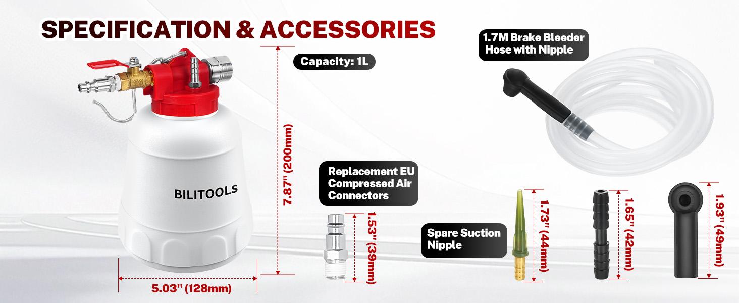 1L Brake Bleeder Vacuum Pump Kit Air Compressor, Universal One Person Pneumatic Brake System Clutch Fluid Bleeding Extractor Tool with Adapters
