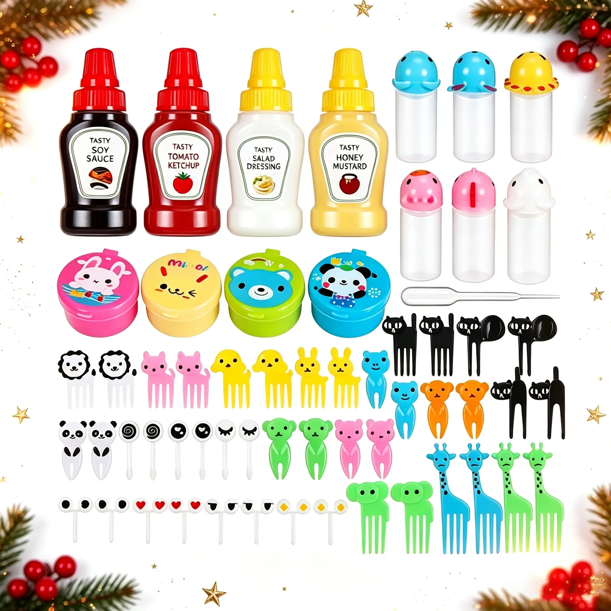 Mini Kitchen Condiment Bottles for Home Use, Suitable for Indoor and Outdoor Kitchen Use, Cute Sauce Squeeze Bottles, Sauce Containers, Seasoning Containers, and Liquid Bottles, Accessories for Kids' Lunch Boxes, Gifts for Christmas