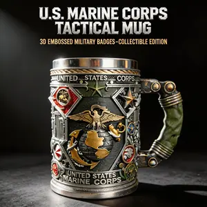 3D Tactical Mug, Embossed Military Badges Stainless Steel Tankard, Collectible Drinkware Gift for Marines Veterans Dad 8-10oz Travel Coffee Cup Reusable