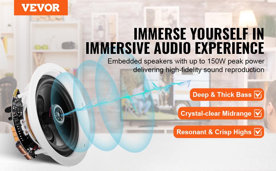 VEVOR 4 PCs 6.5'' Bluetooth in Ceiling Speakers, 150W, Flush Mount Ceiling in-Wall Speaker System with 8Impedance 89dB Sensitivity, for Home Kitchen Living Room Bedroom or Covered Outdoor Porches VEVOR 4 PCs 6.5'' Bluetooth in Ceiling Speakers, 150W, Flush Mount Ceiling in-Wall Speaker System with 8Impedance 89dB Sensitivity, for Home Kitchen Living Room Bedroom or Covered Outdoor Porches