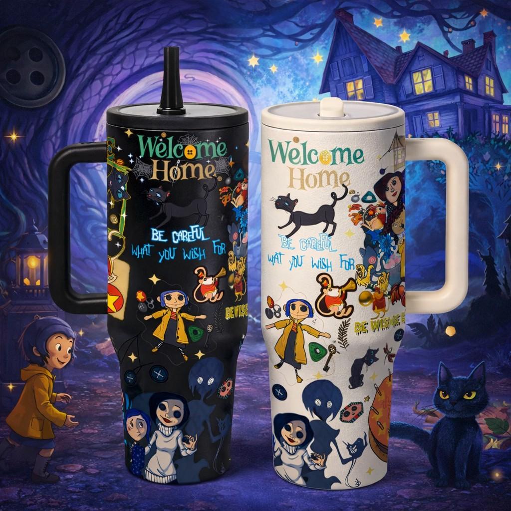 40oz insulated mug, Coraline dark fairy tale print, double wall vacuum stainless steel, straw lid with handle, leak proof, keeps hot 12h cold 24h, movie fan gift, daily use, Insulated Cup