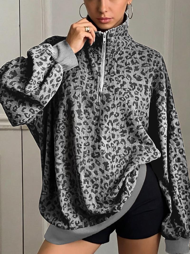 Plus Women Leopard Print Long Sleeve Casual Sweatshirt – Half-Zip V-Neck & Puff Sleeves Design, Perfect for Y2K Grunge or Casual Lazy Vibes, Soft Knit Fabric with Contrast Trim