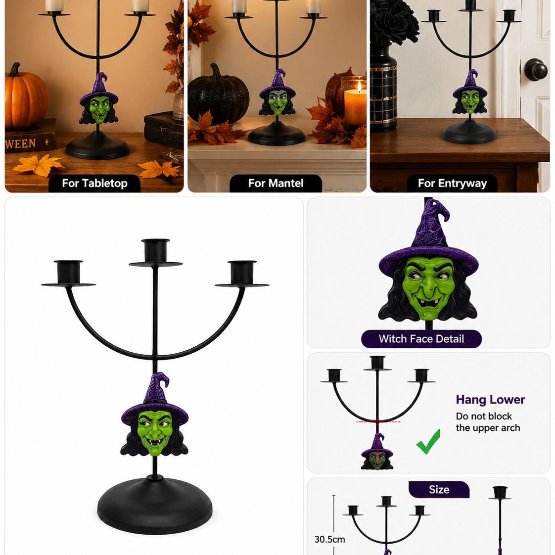 1 Piece Halloween Gothic Witch Face Iron Three Arm Candle Holder for Adults Families Table Mantel Entryway Party Decor Stable Base Black Vintage Style Fits Taper Candles for Holiday and Everyday Home Display