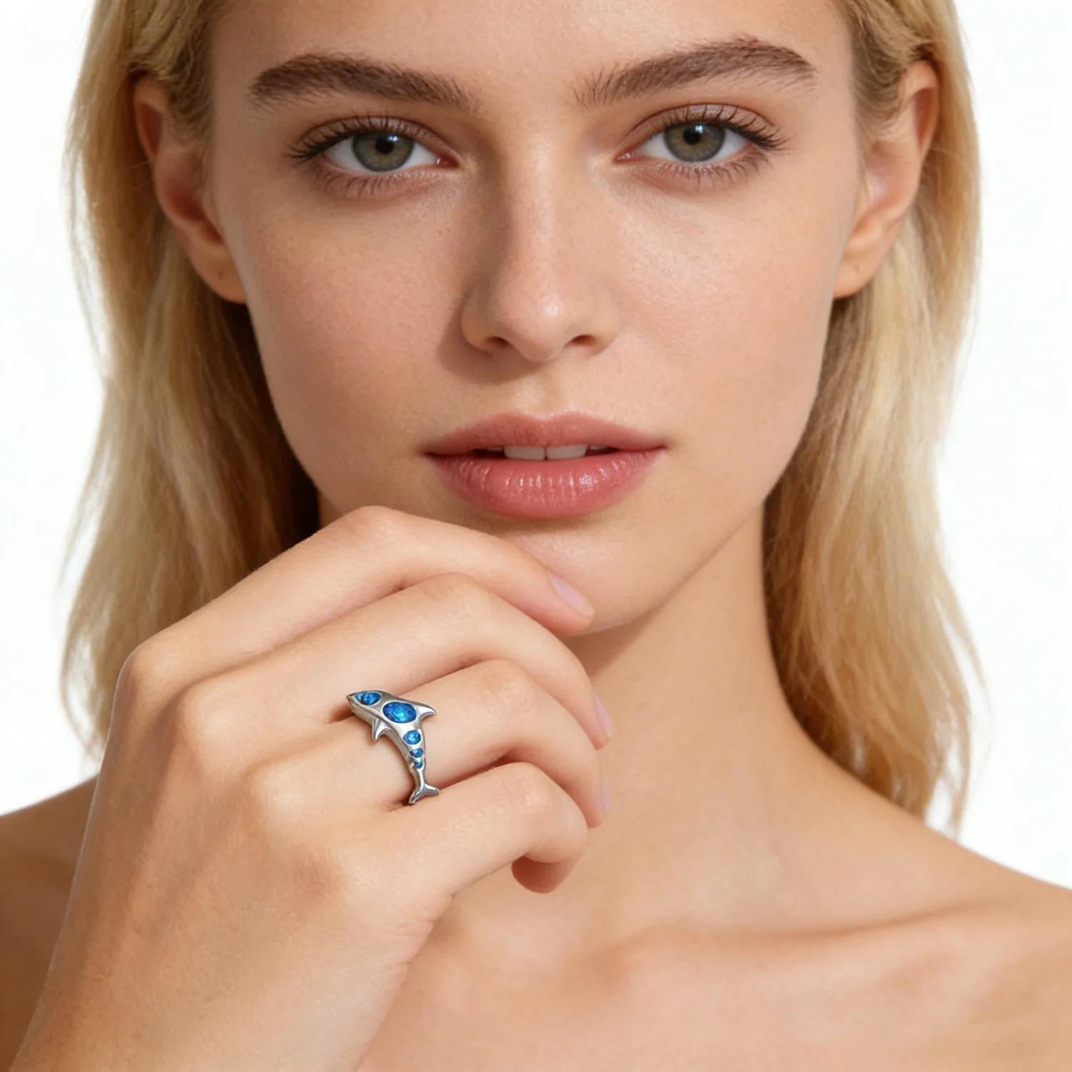 Ocean Theme Cute Shark Synthetic Blue Fire Opal Ring for Women Unique Engagement Finger Ring Gift for Lovers Jewelry Aniversary