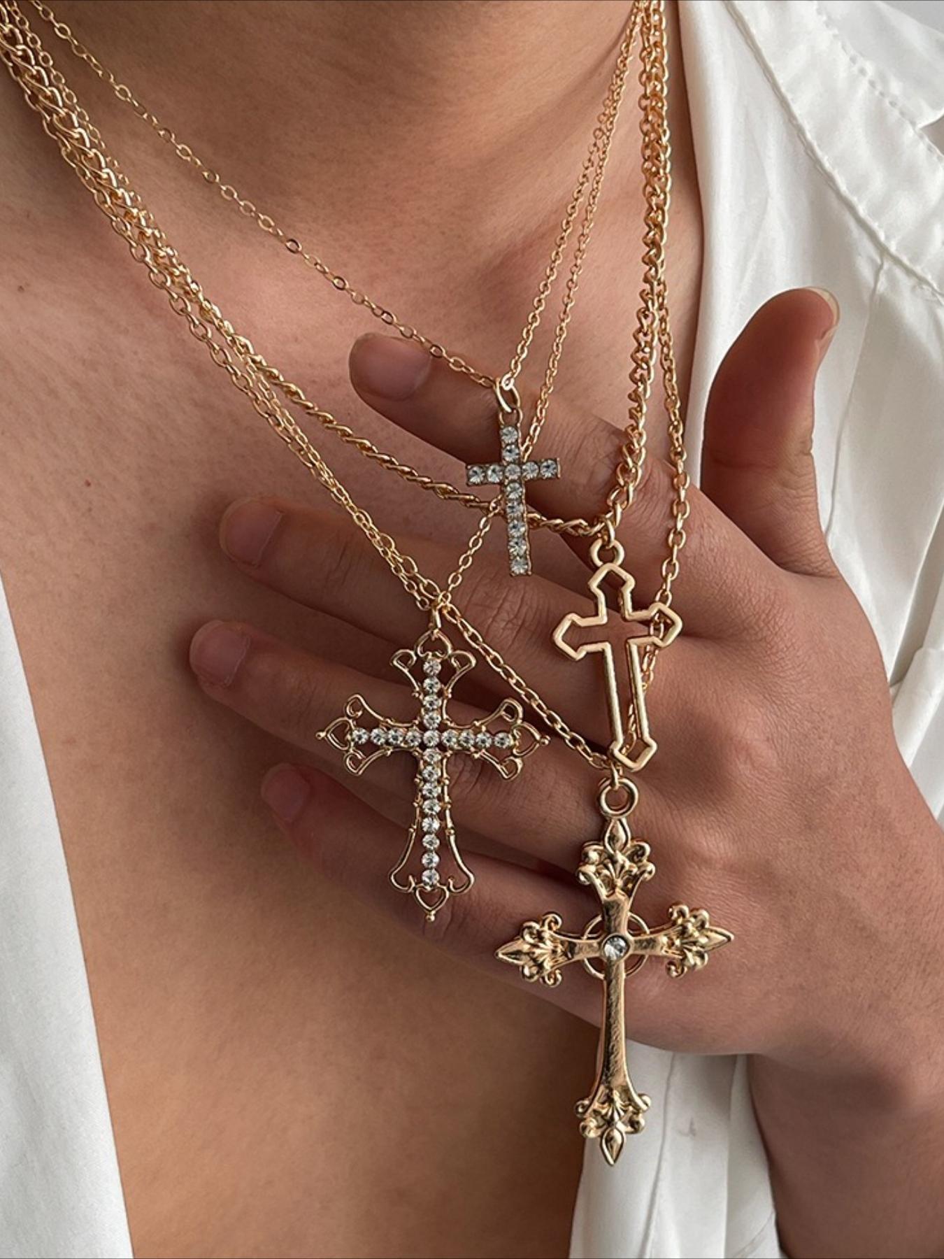 4 Piece Hip Hop Punk Rhinestone Cross Chain Design Pendant Necklace Set, Multi-Layer Stacked Wear, Trendy Personalized Jewelry for Men and Women