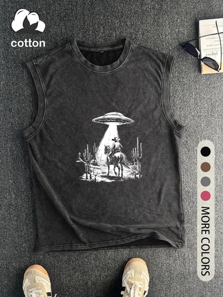 Men's Vintage UFO Print Round Neck Tank Top, Regular Fit Casual Sleeveless Crew Neck Top for Summer, Fashion Men's Top for Daily Wear, Socks