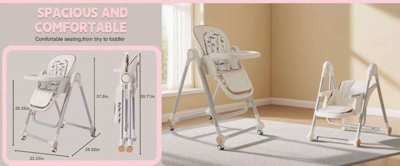3-in-1 Baby High Chair & Swing, Foldable with Adjustable Tray, 4 Locking Wheels, Safe & Comfortable Baby Chair for Feeding, Play, and Rest