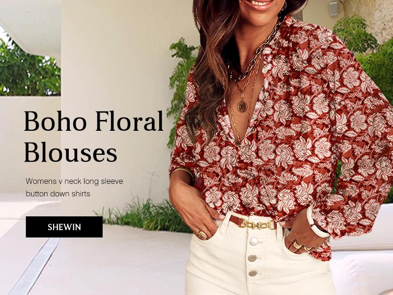 Shewin 2026 Spring/Summer Women’s Going Tops Boho Floral Chiffon VNeck Buttoned Long-Sleeve Blouse – Casual Spring Pink Top with Allover Floral Print for Womenswear, Multi-Color Options Longsleeves Fit