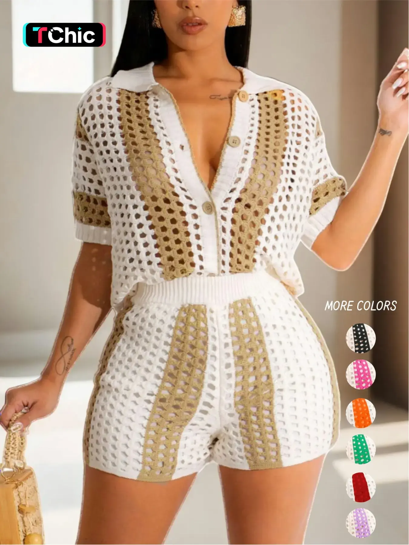 Women's Hollow Out Button Front Top & High Waist Shorts Set, Summer Clothes, Casual Colorblock Striped Print Short Sleeve Collared Top & Shorts, Summer Outfits