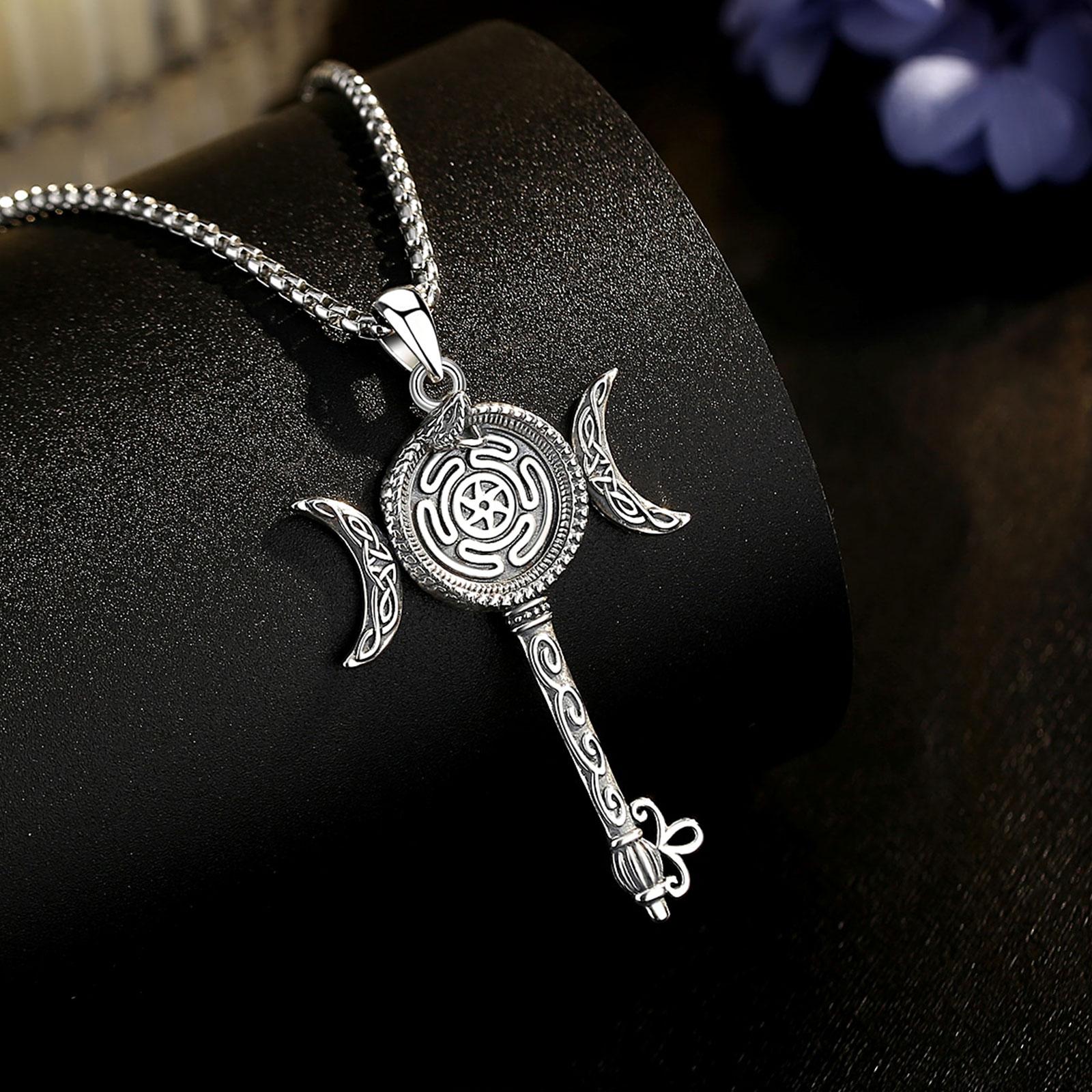 925 Sterling Silver Triple Moon Hecate Wheel Necklace, Vintage Snake-Shaped Moon Pendant, Unisex Witchcraft Jewelry, Personalized Gift