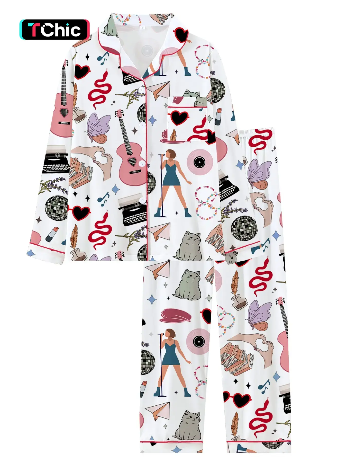 Teen Girls Fall Winter Pajama Set, Long Sleeve Cat Sleepwear, Printed Sleepwear Set, Elastic Waist Pants, Comfortable Casual, Two-Piece Set, Pajama Outfit