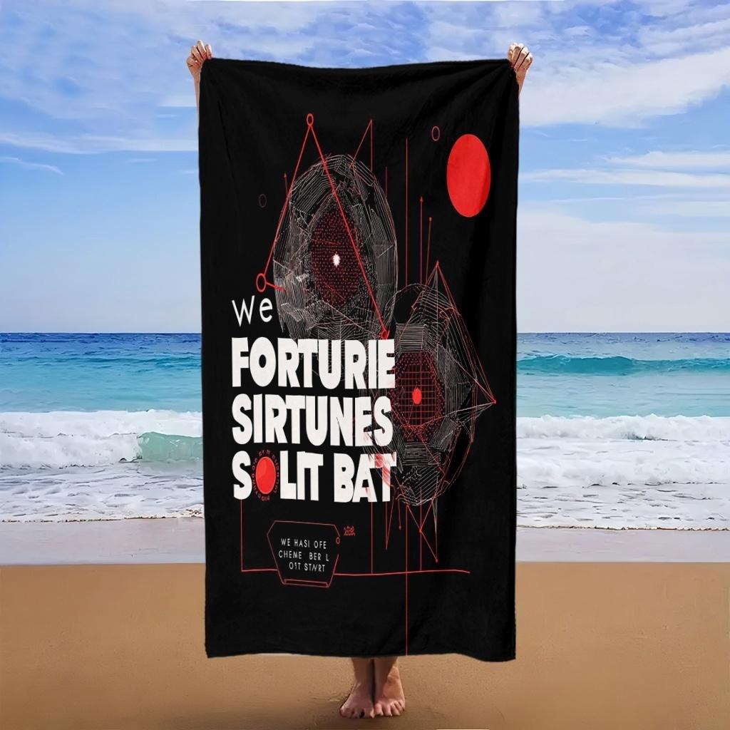 Black background with red geometric patterns and white text; beach towel/beach towel multi-functional use. Absorbent towel