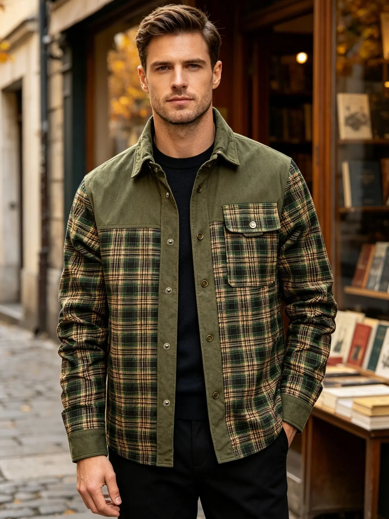Men's Spring Shirt Jacket, Plaid Pattern, Patchwork Colorblock Design, Perfect for Daily Wear and Outdoor Activities, Us Sizes