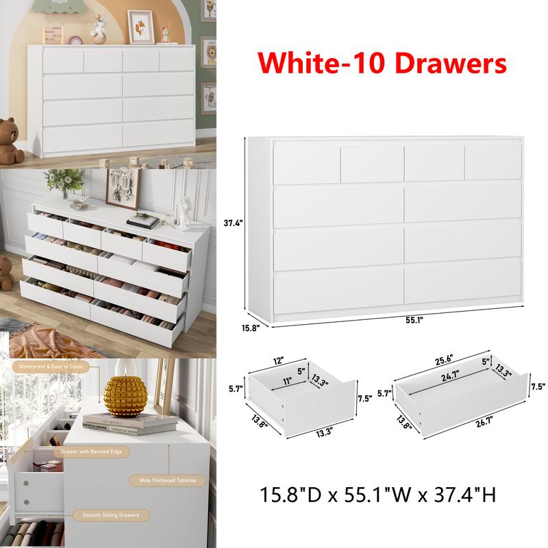 Dresser for Bedroom, Modern Dresser with Drawers, Large Wood Chest of Drawer Handle Free, Long Dresser for Bedroom, Living Room, Entryway, Hallway, White/Black