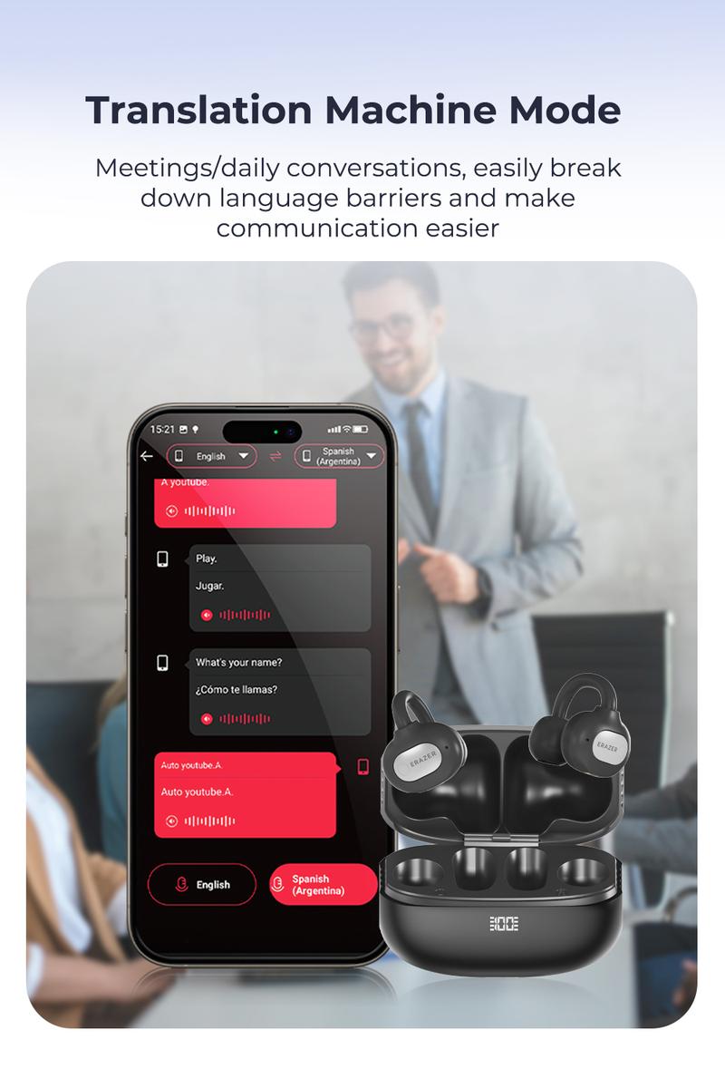 ERAZER XF50 AI clip on translation headphones with 134 language translations, sweat resistant and waterproof, powerful sound effects, and long battery life suitable for music and voice calls, suitable for travel and learning