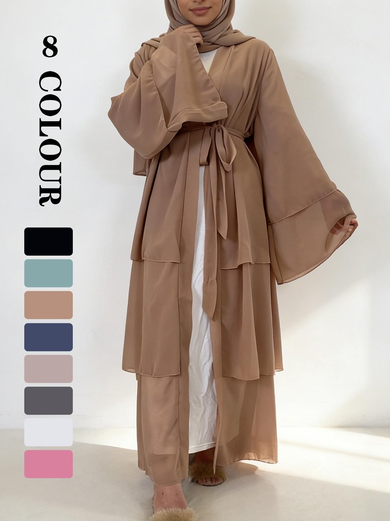 Spring Summer High-Quality Chiffon 3-Layer Eid Abaya with Belt, Modest Muslim Outfits, Casual Party Dress, Comfortable Breathable Fabric, Perfect for Weddings, Arab Wedding Attire, Modest Islamic Clothing