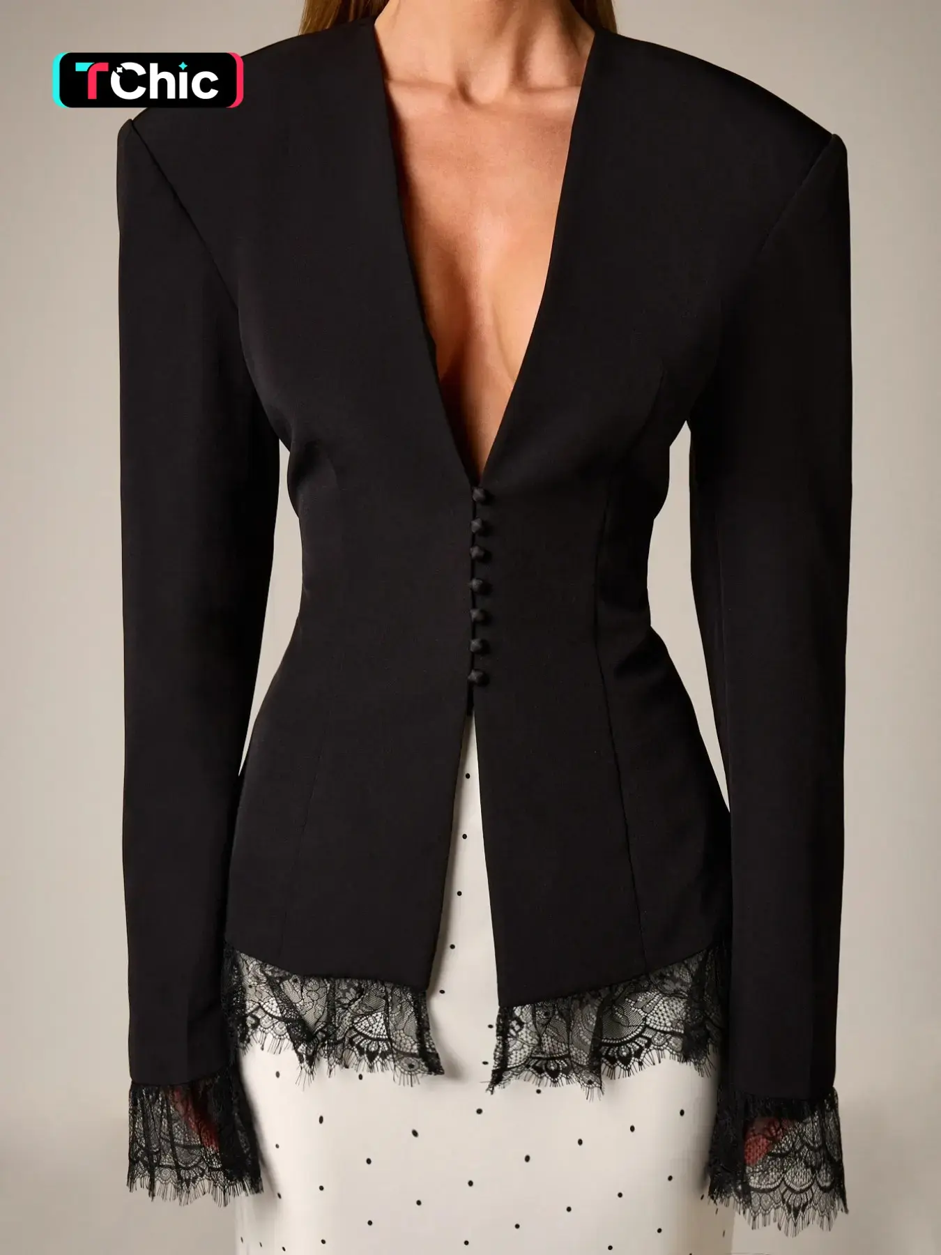 Women's Collarless Deep V Neck Blazer Jacket Padded Shoulder Long Sleeve Lace Trim Hem & Cuffs Single Breasted Button Front Slim Fitted Tailored Outerwear Elegant Chic Style