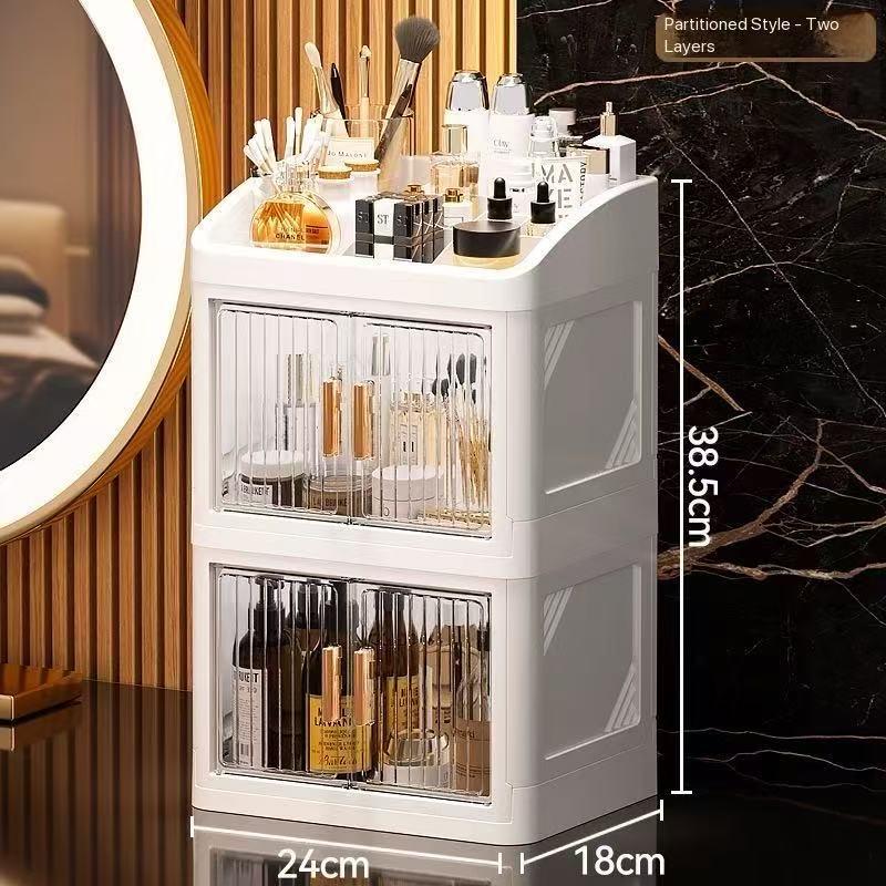 Transparent Foldable Cosmetic Storage Box, Multi-Layer Dual Door Desktop Dustproof Skincare Organizer, Desk Makeup Container, Makeup Tool Organizer, Beauty Organizer, Organizing Tool, Storage Organizer, Dustproof Makeup Organiser