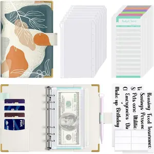 Budget Binder with Zipper Envelopes, A6 Money Saving Binder Cash Envelopes for Budgeting, PU Leather Planner Money Organizer for Cash Bills, Cute Boho Wallet for Women, Abstract Leaves