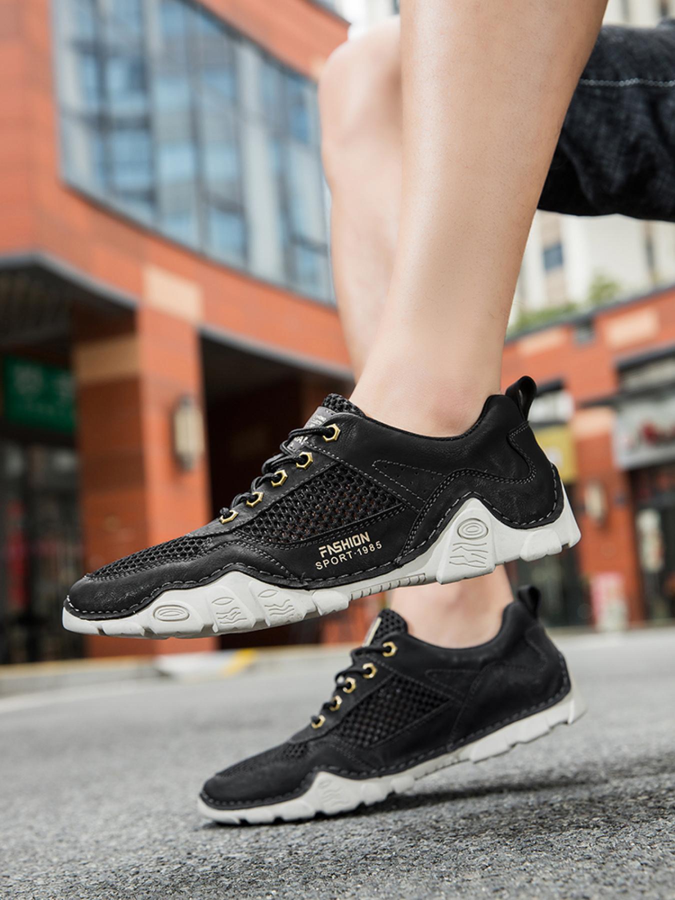 Men's Solid Color Mesh Patchwork Casual Sneakers, Hand-Stitched Thick-Soled Non-Slip Hiking Shoes, Trendy Versatile Breathable Dad Shoes