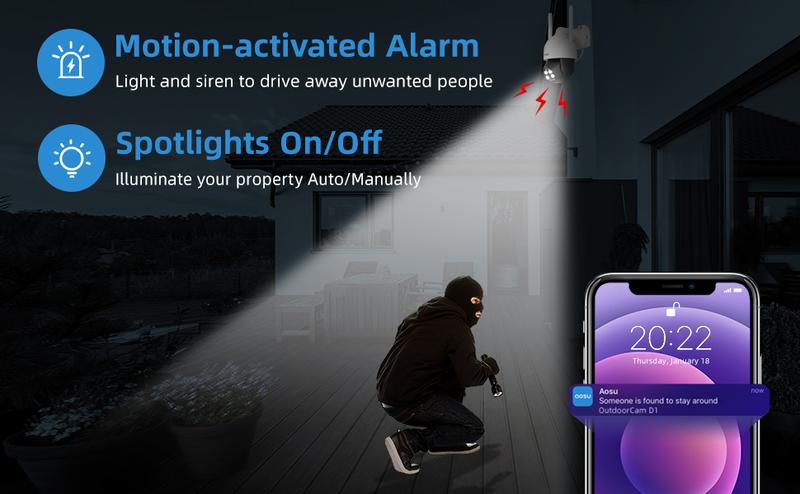 AOSU 2K Security Cameras Outdoor/Home, 360°Pan-Tilt View Timed Cruise 2.4G WiFi Security Camera with Motion Tracking, Spotlight & Siren, 2-Way Audio, Full Color Night Vision, Waterproof