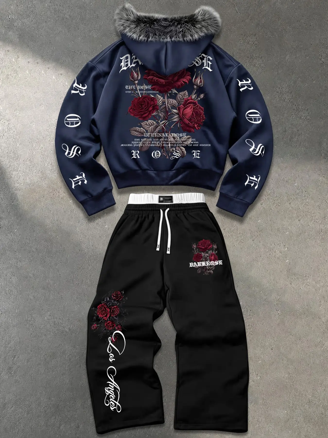 Men 2Pcs Hooded Tracksuit, Furry Trim Hood, Gothic Rose & Script Letter Print, Loose Wide Leg Drawstring Sweatpants, Streetwear Outfit #HoodieSet #GothicStyle #Streetwear #ViralFashion #TikTokMadeMeBuyIt