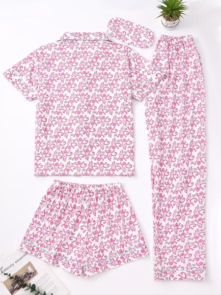 Women's All over Print Pajama Set, Comfortable Sleepwear and Loungewear for All Seasons, Includes Top Shorts and Pants, Home Wear