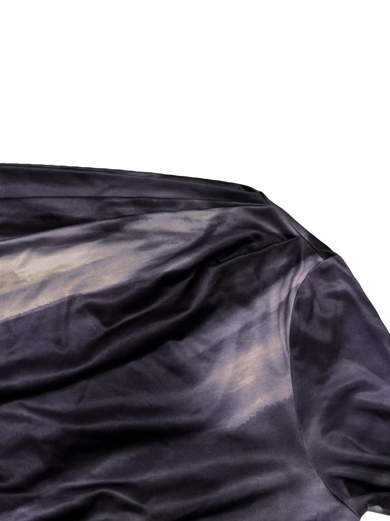 Women's Marble Print Ruched Asymmetrical Neck Tee, Casual Long Sleeve T-Shirt for Spring & Fall, Women's Clothing for Daily Wear