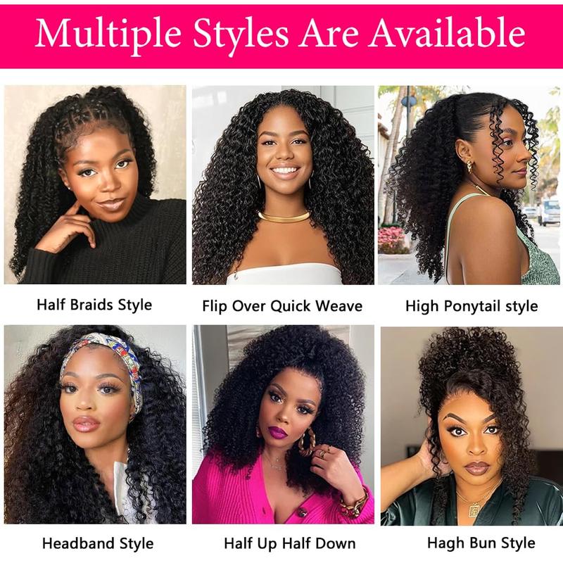 10s Install Wig [3 In 1 Half Wig] Kinky Curly Half Wig Human Hair 180 Density 3 In 1 Drawstring Seamless Flip Half Wigs Wear Go Glueless Wigs Human Hair 18 Inch Curly Half Wig for Women Drawstring Headband Wig Beginner Friendly