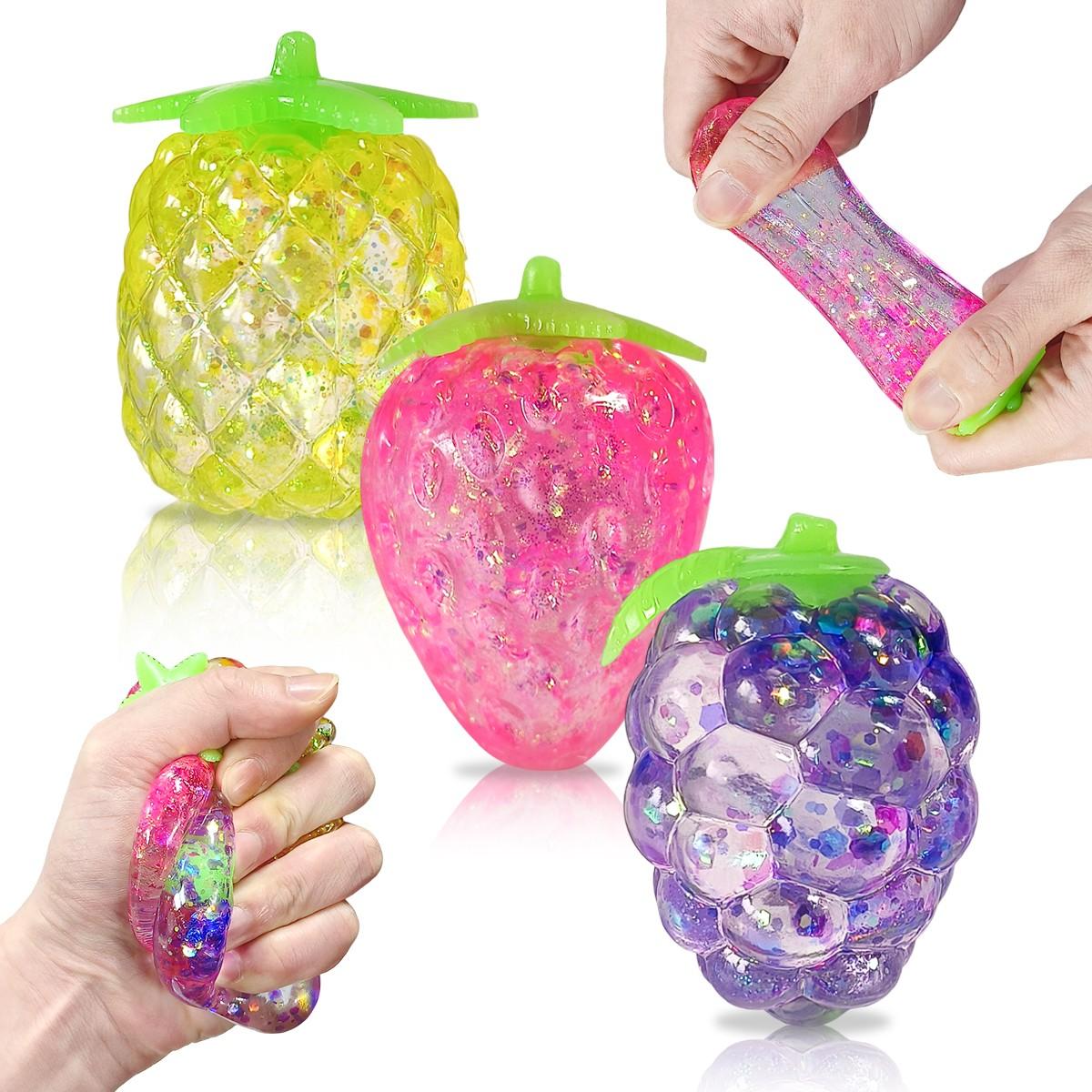 Pressure Balls Set of 1/3/6, Glitter Fruit Shape Squeeze Toys, Sensory ...