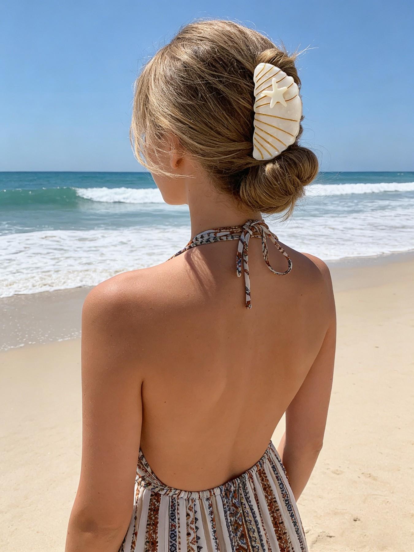 Women's Shell Starfish Hair Claw, Large High Grip Non-Damaging Hair Clip, Beach Vacation Daily Hairstyle Accessory, Summer Sand Style