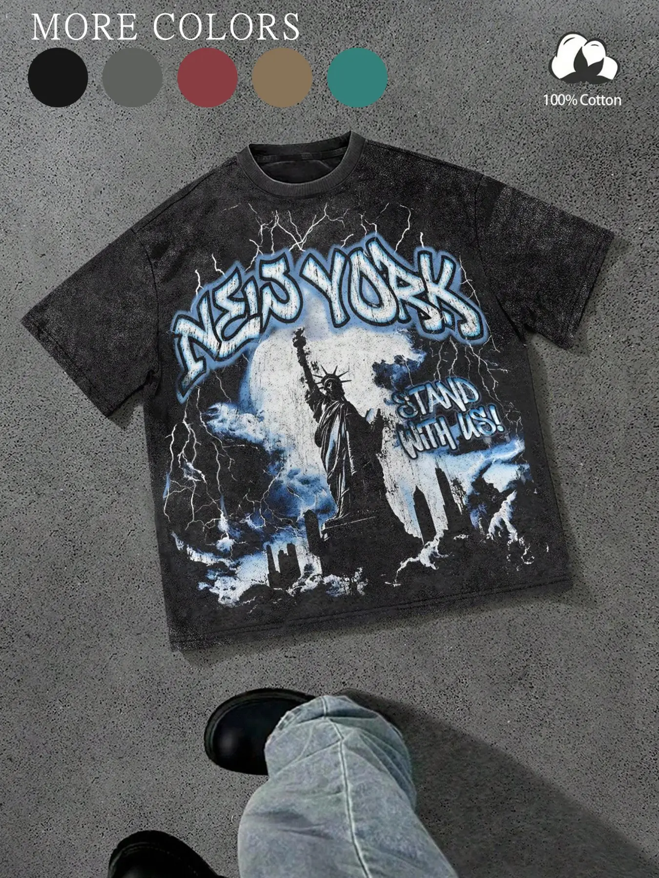 Unisex streetwear style, "New York stand us" lettering and Statue of Liberty portrait print, washed cotton crew neck T-shirt, suitable for streetwear, trendy outfits, Y2K style, high street culture, and casual wear