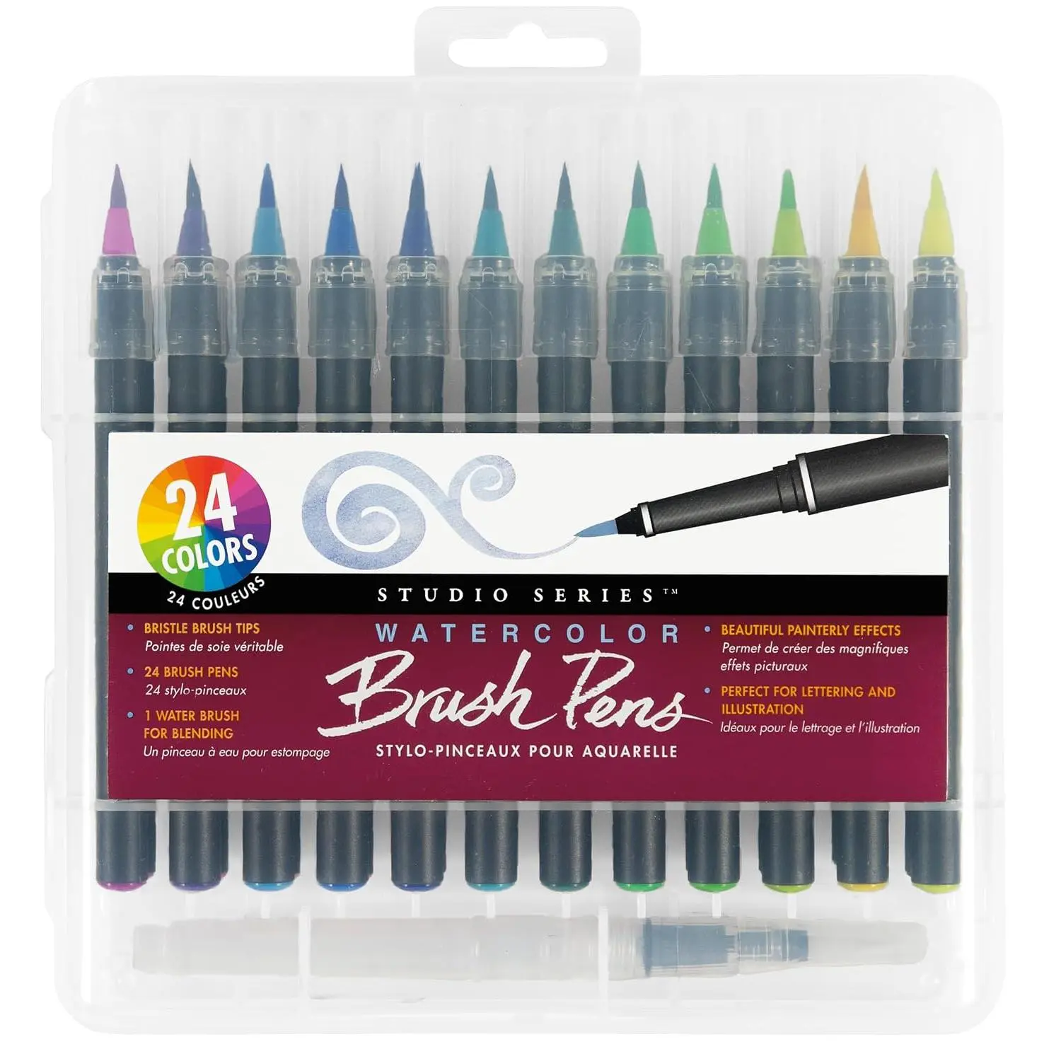 Studio Series Watercolor Brush Marker Pens (Set of 24 pens, plus bonus water brush),  for Hand Lettering, Calligraphy, Manga, Comics, Adult Coloring Books, Journals, and  DIY Drawing Art - Hardcover