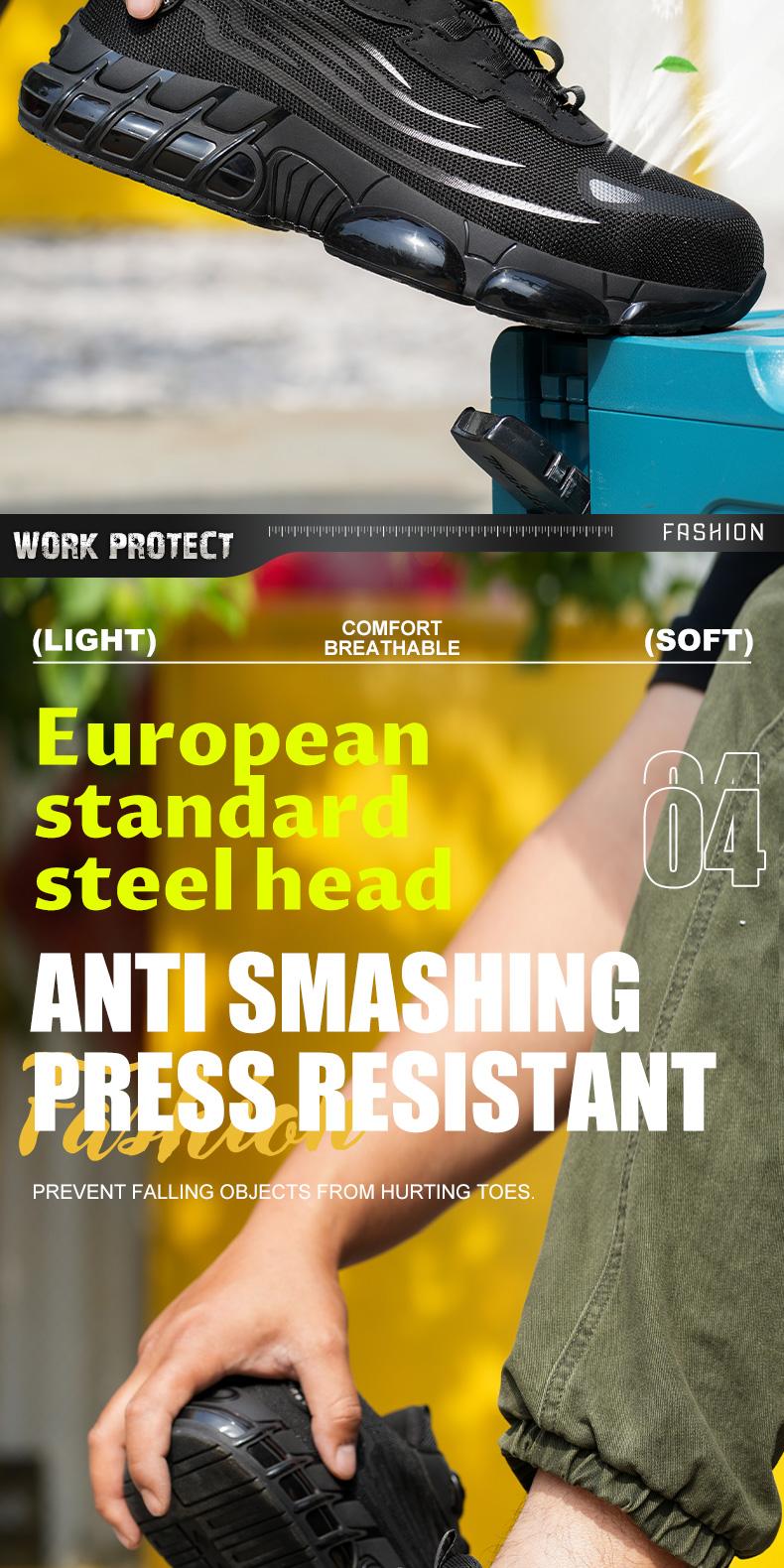 QINGRUIPAI Men's Breathable Mesh Work Sneakers Durable Anti-Slip Safety Shoes with Steel Toe Protection Comfort Fit for All Seasons Casual Striped Design Elastic Closure Non-Slip EVA Sole Outdoorfun Fathersdaygift