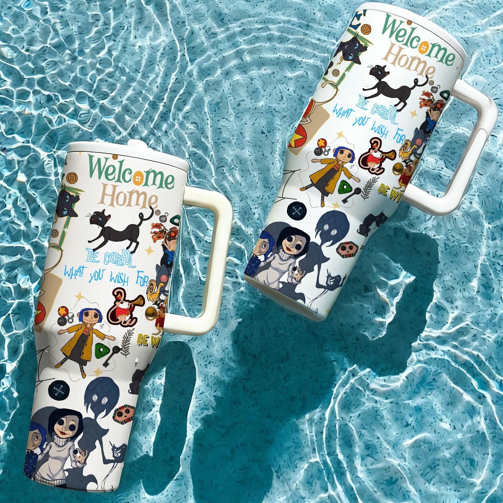 40oz insulated mug, Coraline dark fairy tale print, double wall vacuum stainless steel, straw lid with handle, leak proof, keeps hot 12h cold 24h, movie fan gift, daily use, Insulated Cup