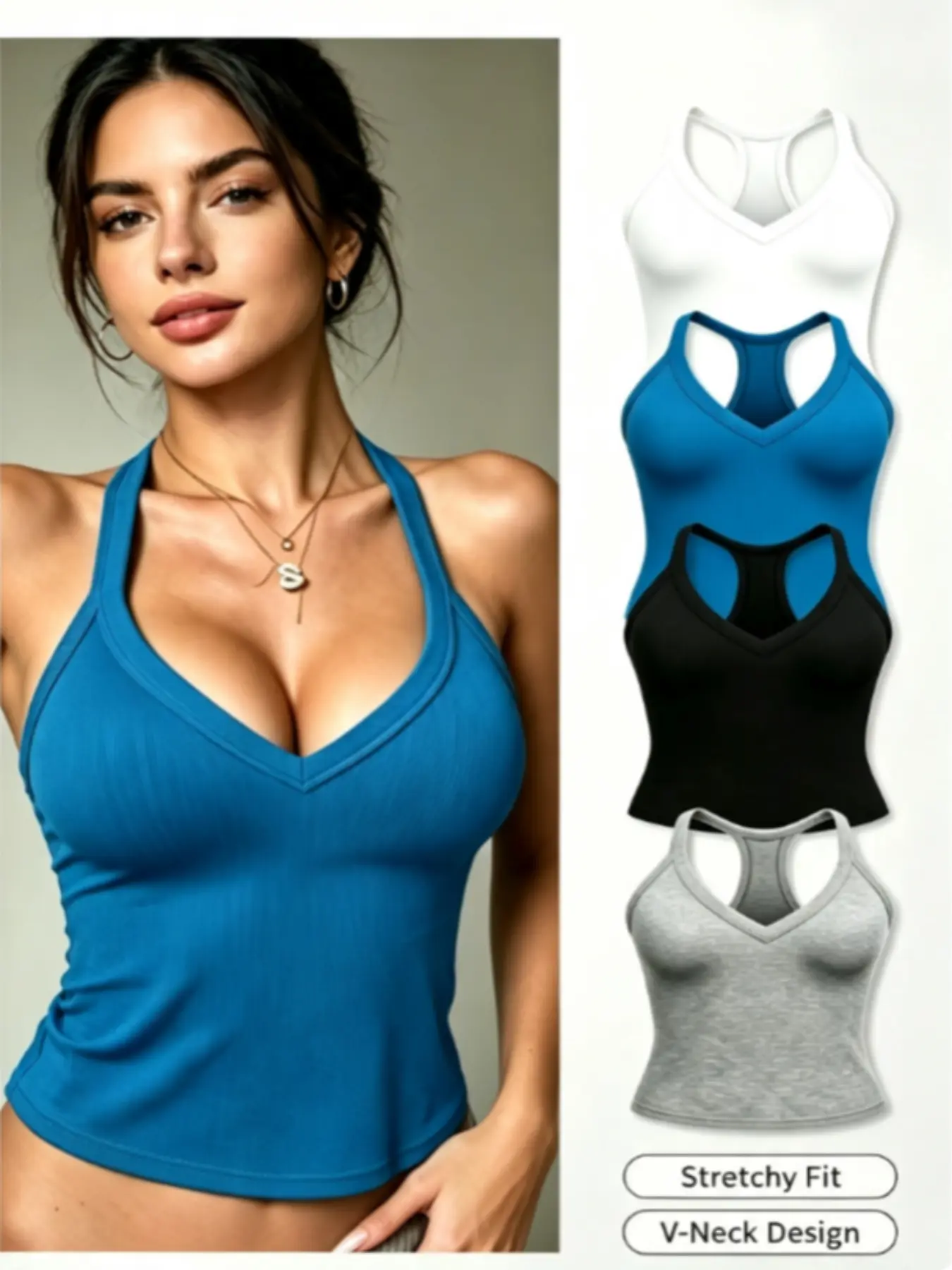 Women 4PACK Solid Ribbed Halter V‑Neck Tank Top, Sexy Racerback Sleeveless Vest, High Elastic Breathable Slim Fit Cami, Casual Chic Layering Top for Yoga Fitness Running Daily All‑Season Wear, Multi‑Color Set