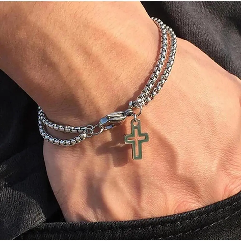 Men's 20cm Stainless Steel Chain Bracelet - Double Chain, Cross Motif, Hollow Design, Lobster Claw Clasp, Unisex Wear, Hip Hop Punk Party Fashion Costume Jewelry Accessory