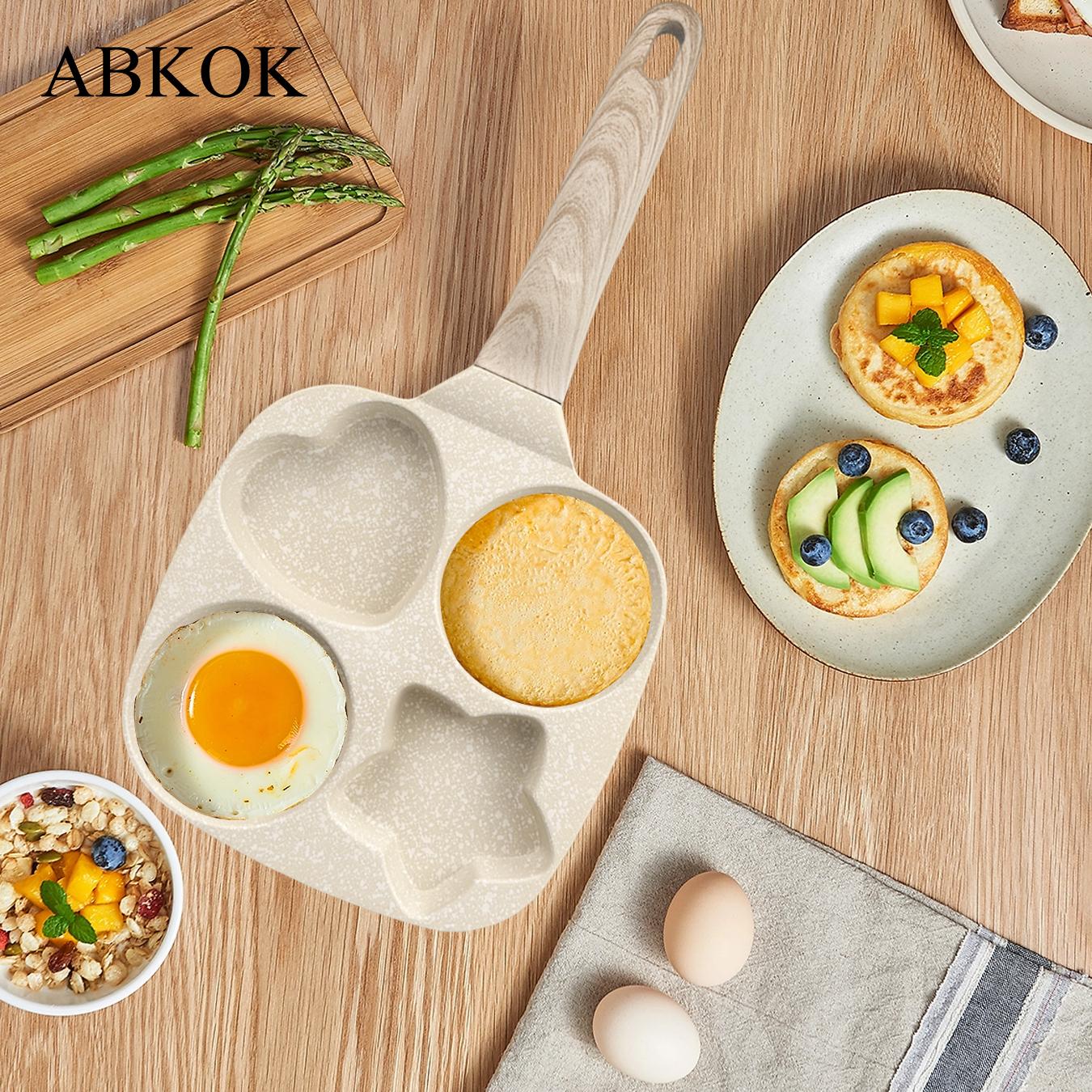 Abkok Four-Hole Non-Stick Egg Skillet Pan, Nonstick Egg Pan, Non Stick Cookware, 8–9-Inch Diameter, Ideal for Breakfast Eggs and Burgers, Durable Wooden Material Base with No-Handle Design