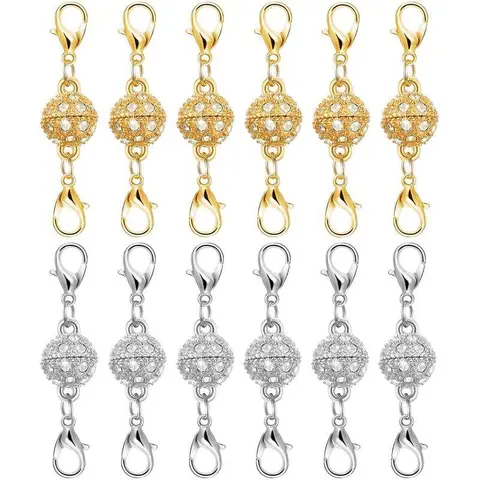Unisex 12-Pack Strong Magnetic Rhinestone Necklace Clasps - Gold/Silver Plated Stainless Steel Extenders, Adjustable Metal Chain for Sporty Protective Gear, Jewelry Making Gift for DIY Enthusiasts