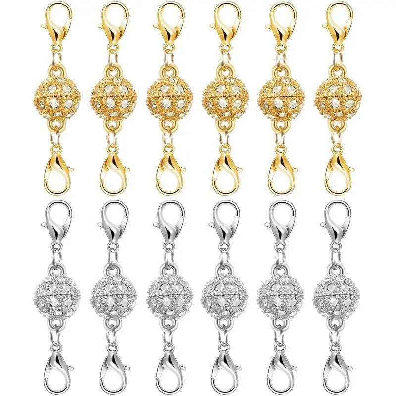 Unisex 12-Pack Strong Magnetic Rhinestone Necklace Clasps - Gold/Silver Plated Stainless Steel Extenders, Adjustable Metal Chain for Sporty Protective Gear, Jewelry Making Gift for DIY Enthusiasts