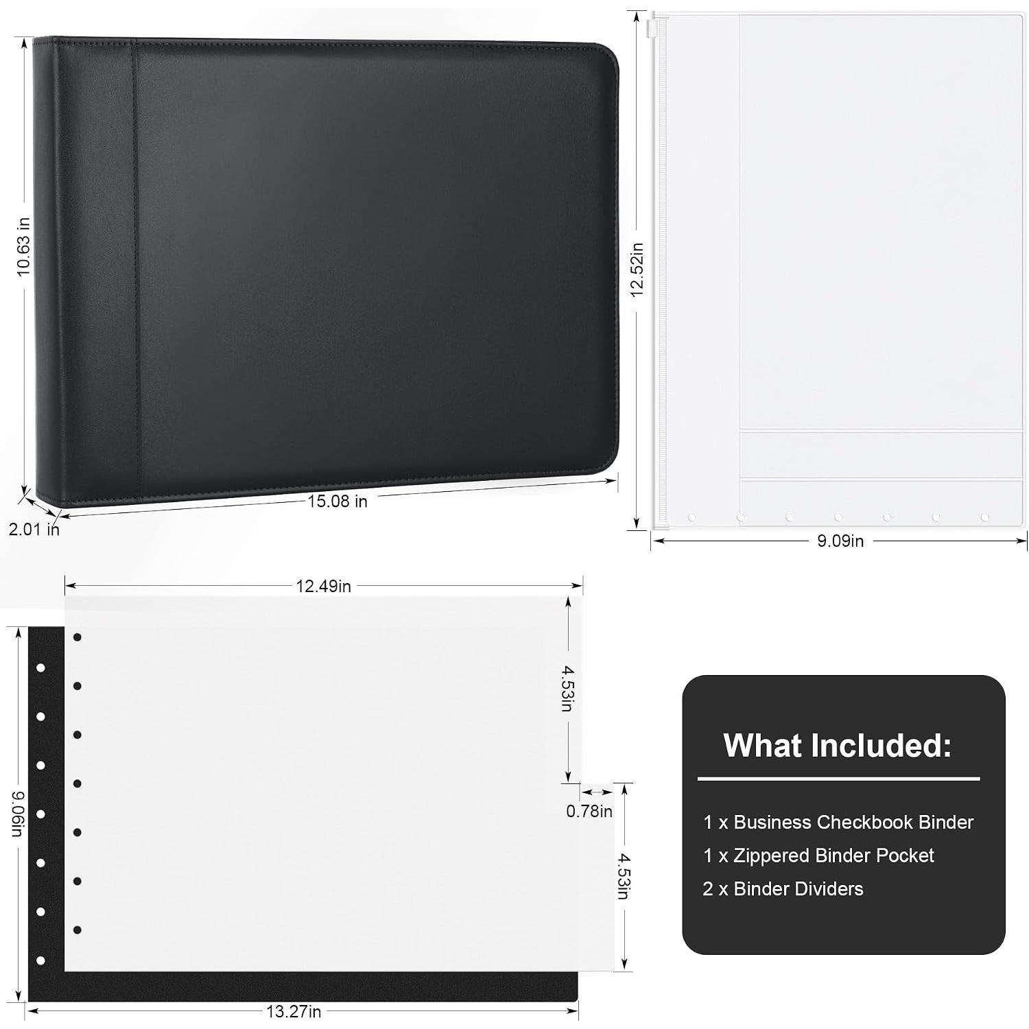 Zippered 7 Ring Business Checkbook Binder Portfolio for 3--a-Page Business Checks, 600 Checks Capacity, PU Leather Check Book Binder Cover with Zipper Pouch & Dividers for 9x13 Sheets, Black