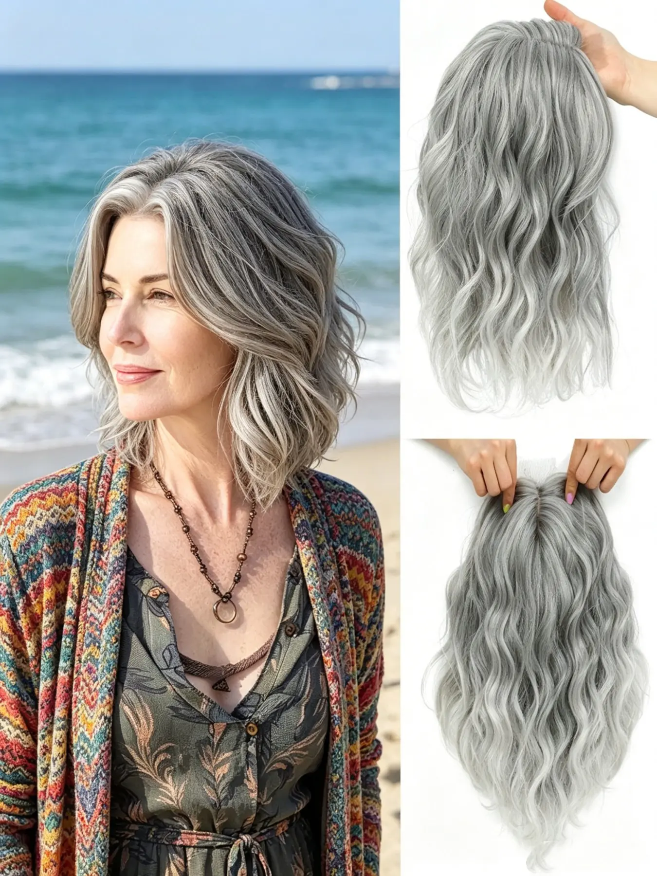 🌊Must-have seaside hair piece for silver-haired mature women! Root shadow ash silver ombre wavy topper with textured soft curls, easy clip-in build & premium Kanekalon locks retains bouncy full volume all day under bright sunlight #ThinningHairSolution